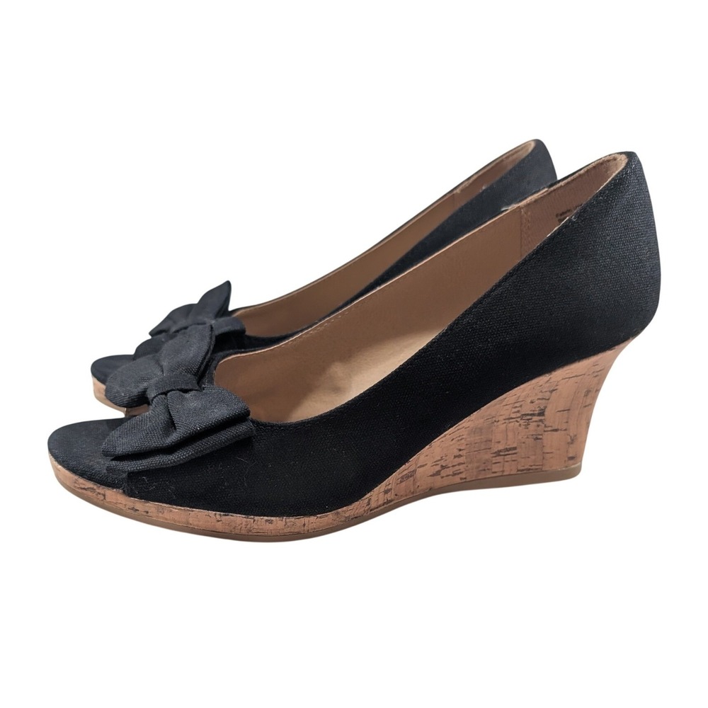 Dexflex Comfort Black Fabric Peep Toe Bow Cork Wedge Heels Womens 9